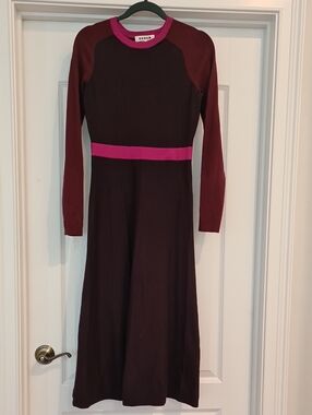 Boden Long-Sleeve Colorblock Midi Dress in Burgundy and Hot Pink